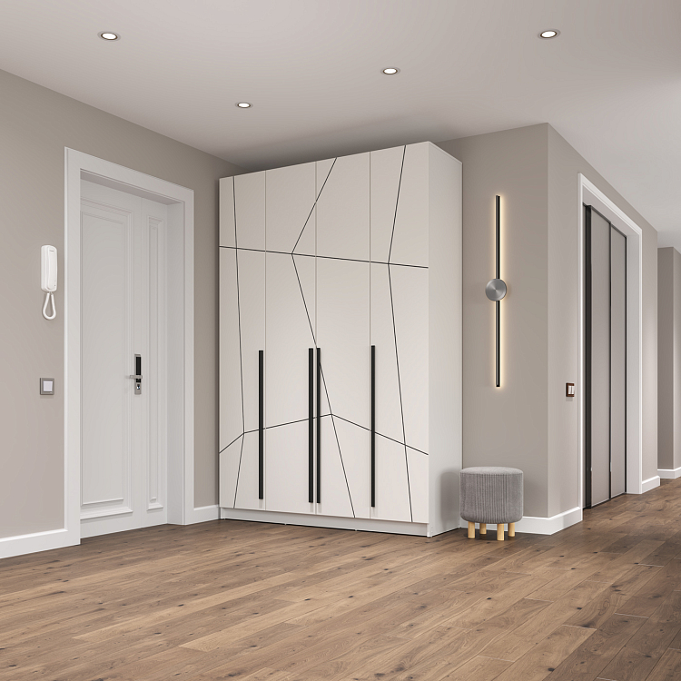 Шкаф для одежды 67.13 Брандо (4-х дв.) (h2400) МДФ New (Геометрия) кашемир/ДВПО белый/фасад МДФ геометрия ПВХ кашемир