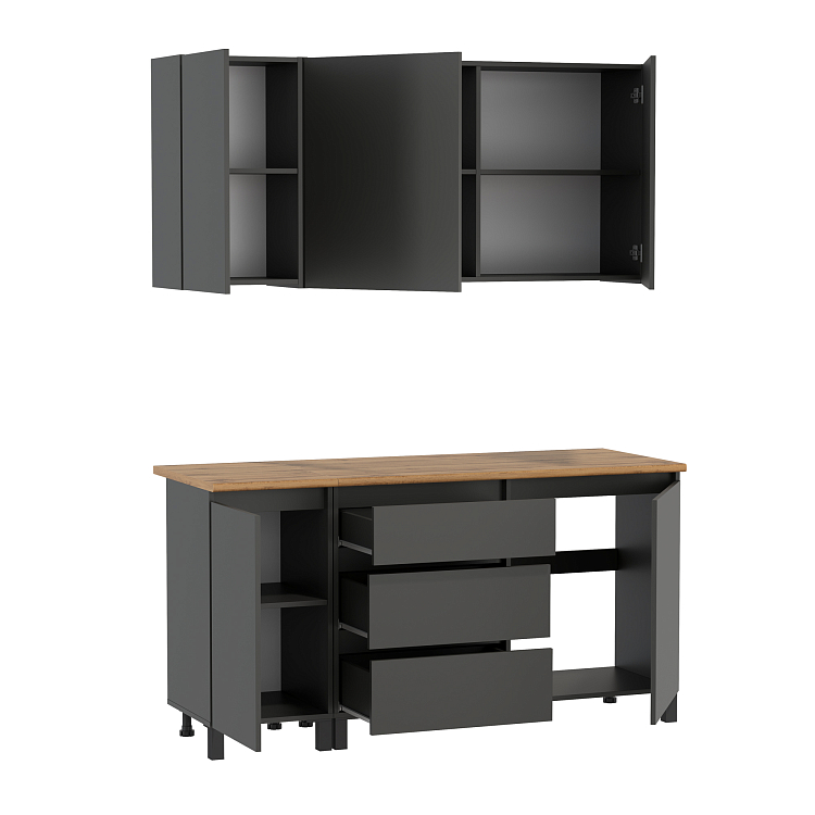 Кухня София (1600) диамант серый/столешница дуб вотан/ДВПО белый