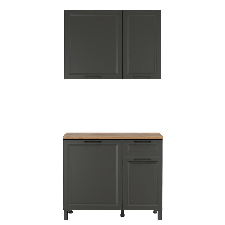 Кухня Римини (1000)  диамант серый/столешница дуб вотан/ДВПО белый/ПВХ графит/профиль ПВХ графит