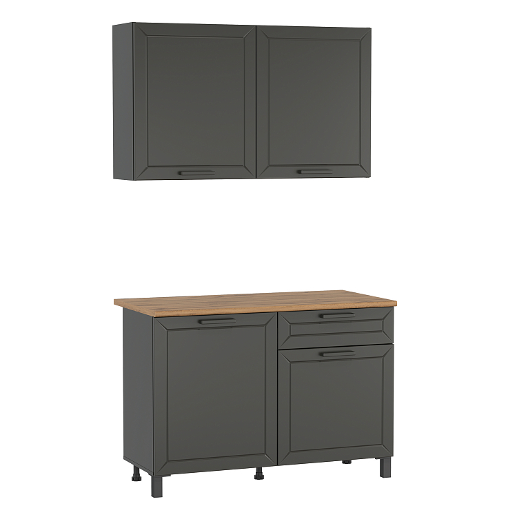 Кухня Мадрид (1200) диамант серый/столешница дуб вотан/ДВПО белый/ПВХ графит