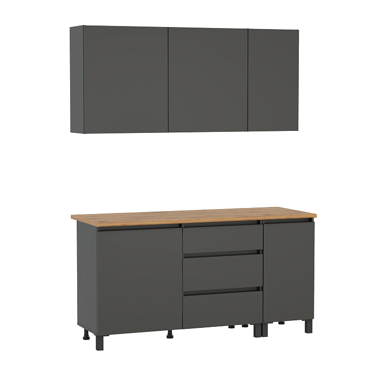 Кухня София (1600) диамант серый/столешница дуб вотан/ДВПО белый