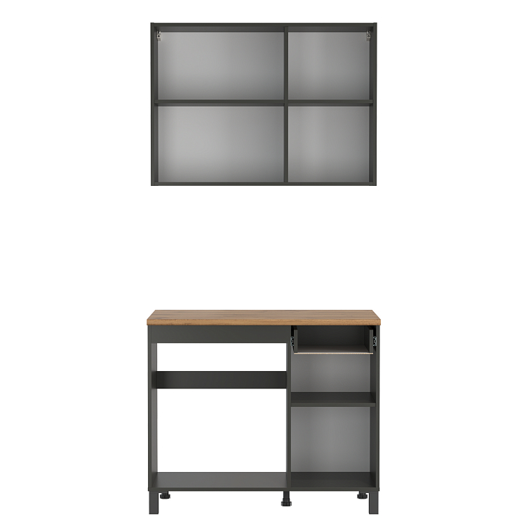 Кухня Римини (1000)  диамант серый/столешница дуб вотан/ДВПО белый/ПВХ графит/профиль ПВХ графит