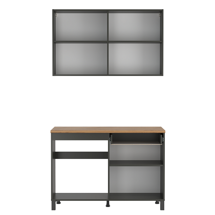 Кухня Мадрид (1200) диамант серый/столешница дуб вотан/ДВПО белый/ПВХ графит