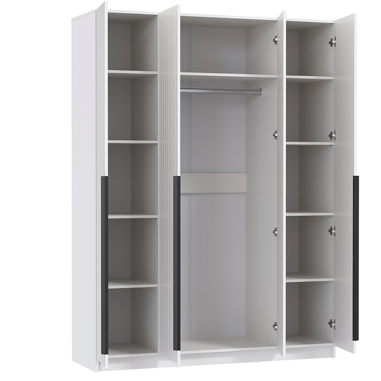 Шкаф для одежды 67.16 Брандо (4-х дв.) (h2150) МДФ New белый/ДВПО белый/фасад МДФ ПВХ белый/ручка l1000 металл черный